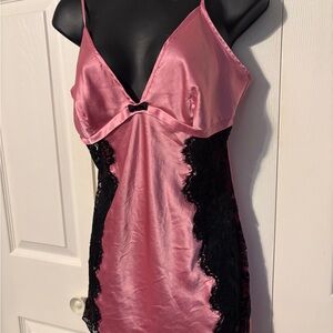 Victoria's Secret Pink Satin Chemise with Black Lace Accents